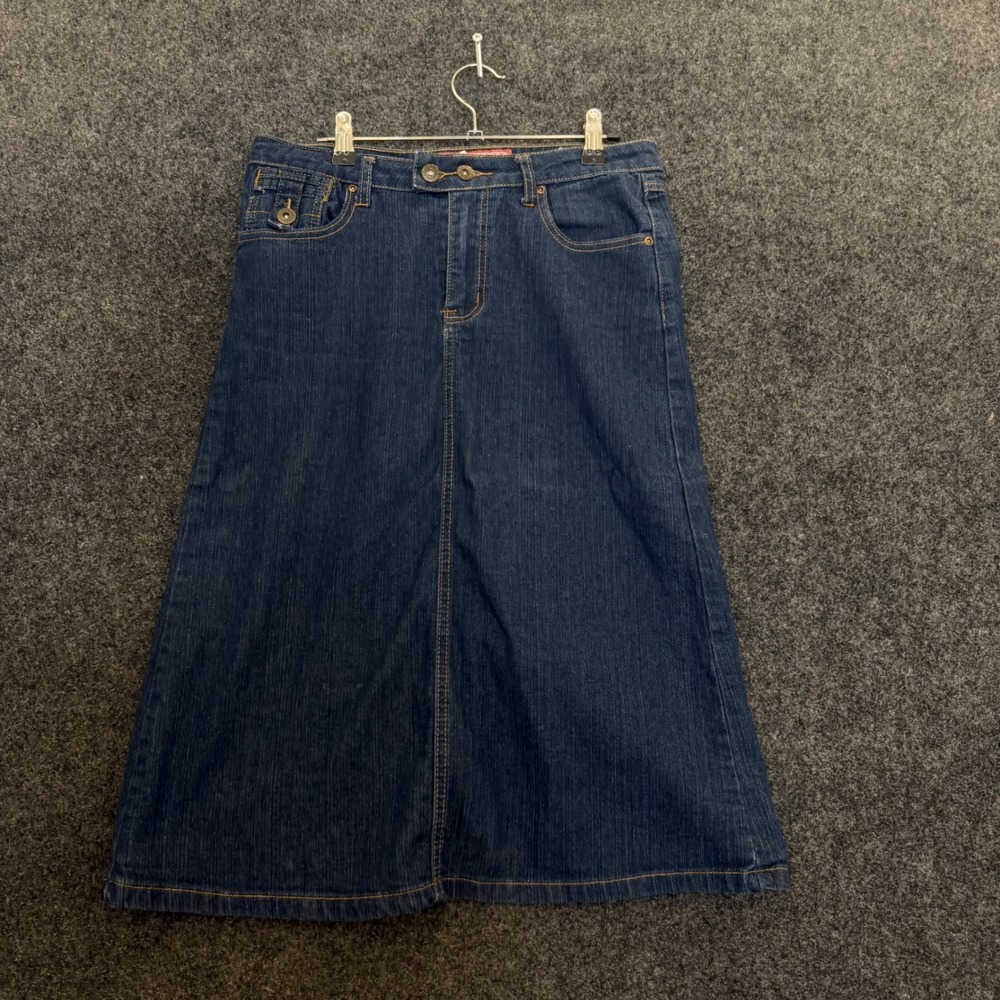Fuego Denim Midi Skirt Dark Wash Y2K Stretch A-Line Back Slit Blue Womens 6